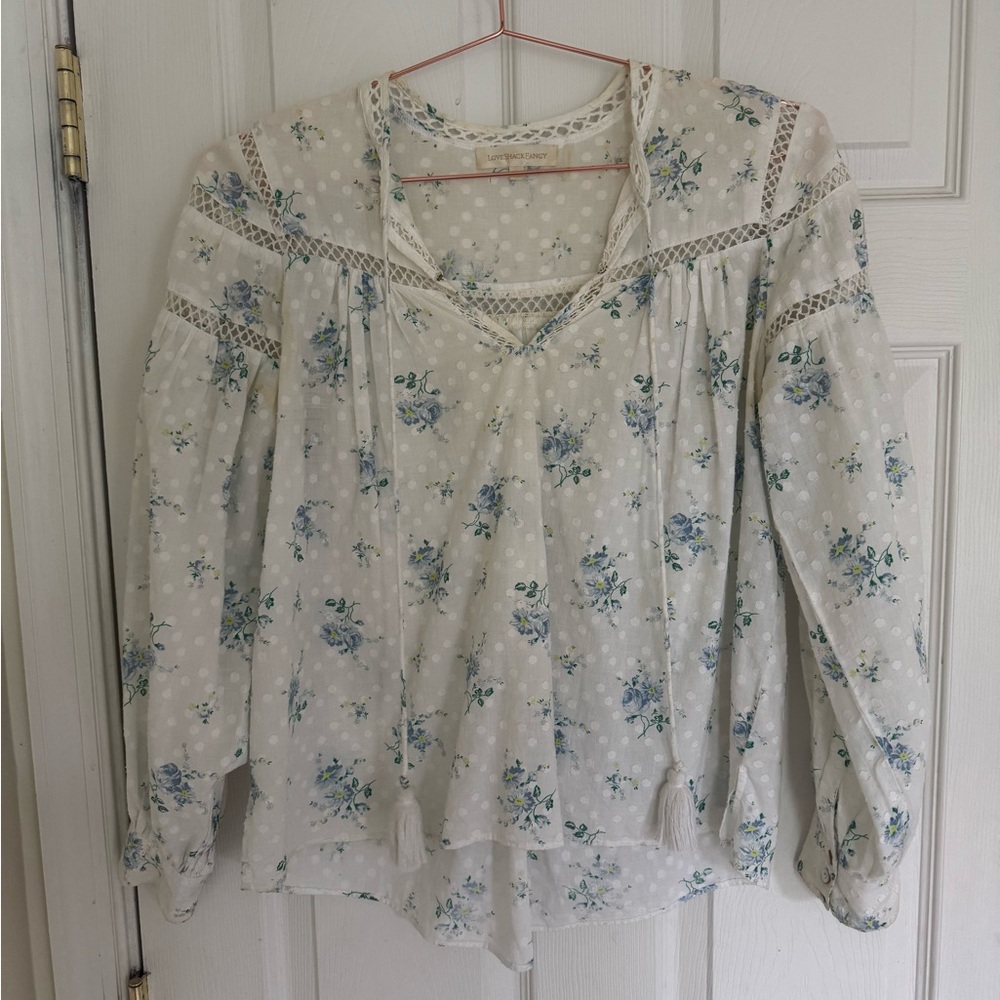 LoveShackFancy Floral Blouse with Lace - Cream and Blue